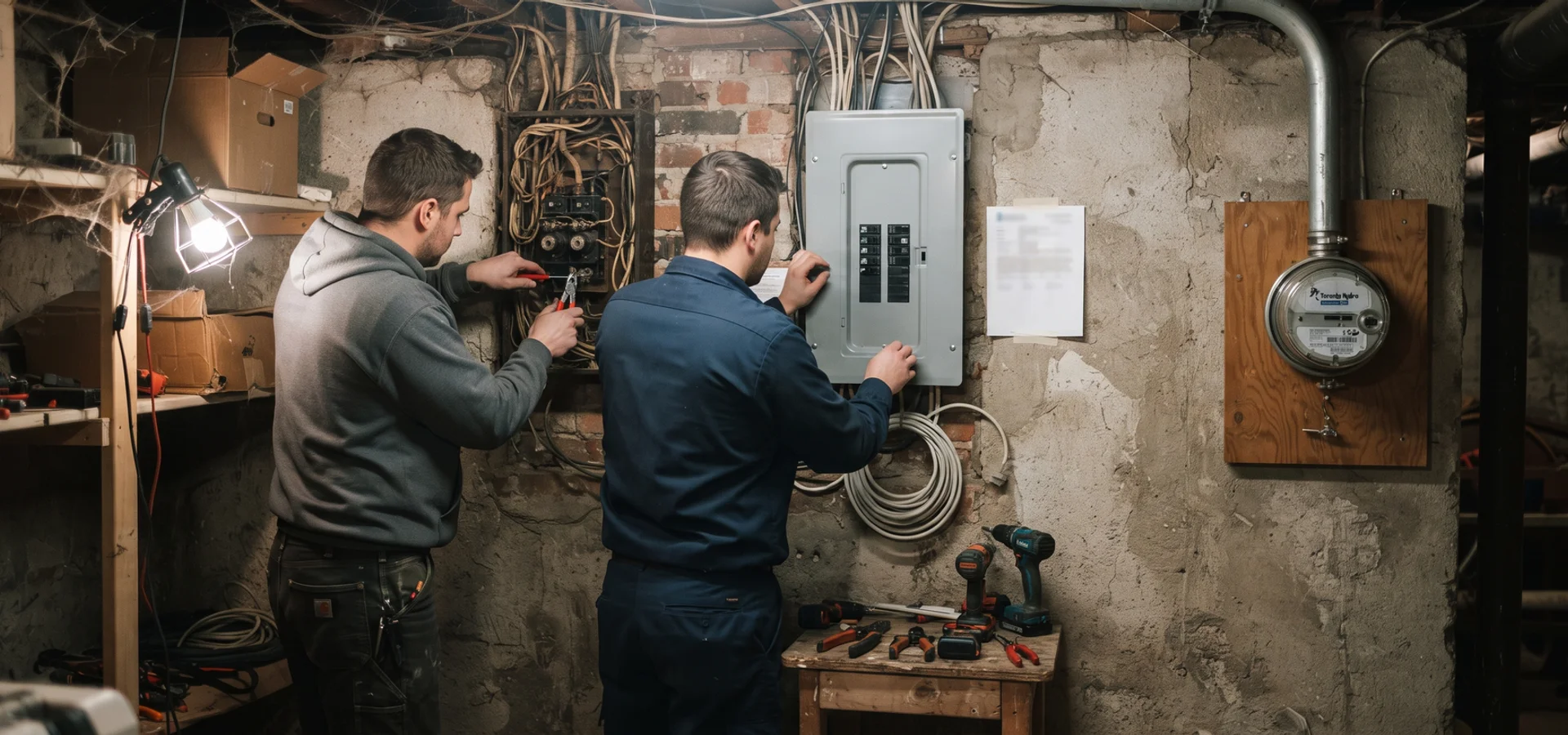 Crew removing an Edison-base fuse block and mounting a new breaker panel in a Toronto basement