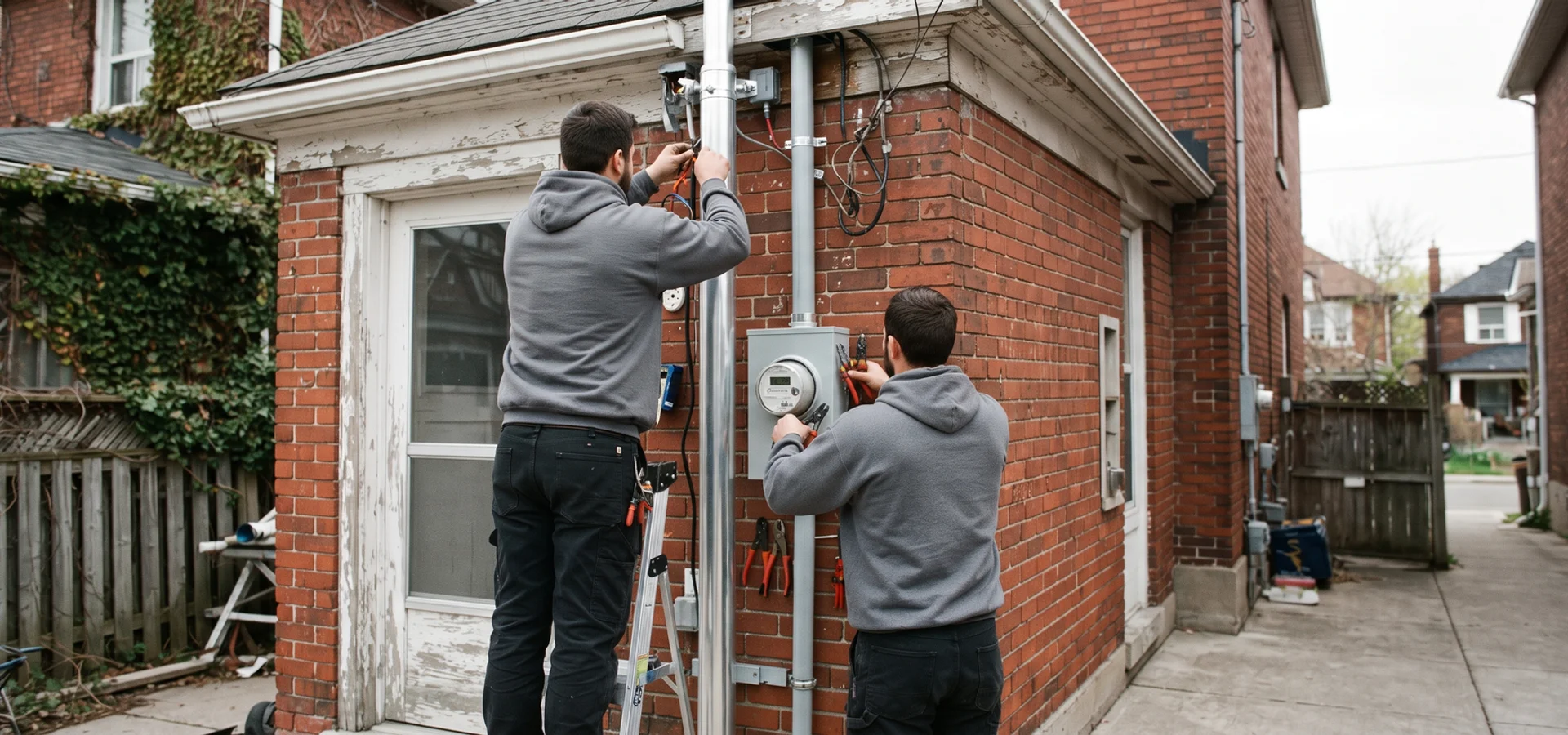 Crew replacing a 60A service entrance and meter base on an older Toronto semi