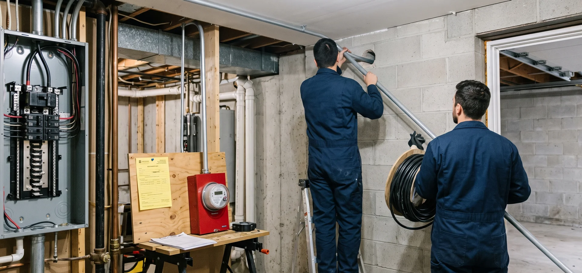 Crew running a dedicated 50A EV circuit in conduit from a basement panel to a garage wall