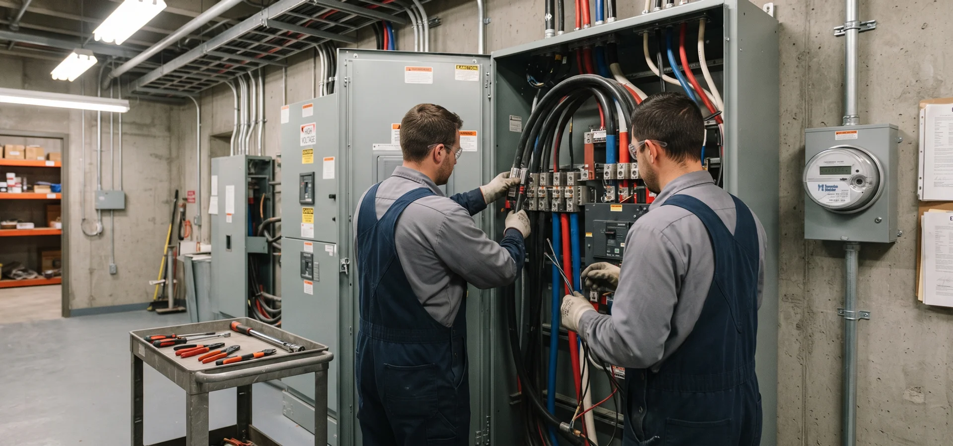 Crew terminating three-phase feeders into commercial switchgear