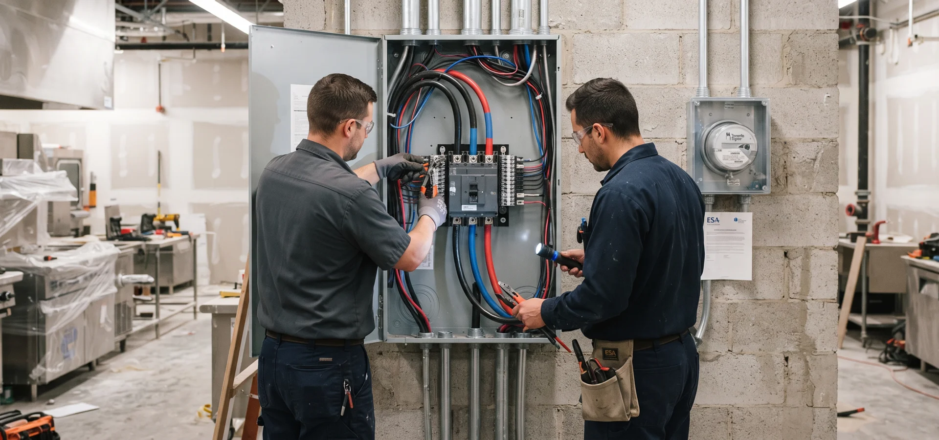 Crew terminating three-phase feeders in a commercial kitchen distribution panel