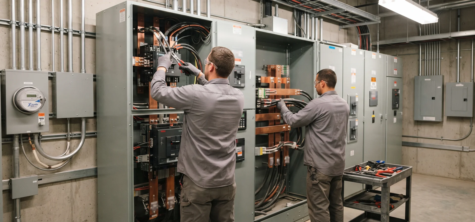 Crew working on 600V switchgear sections in a Toronto industrial electrical room