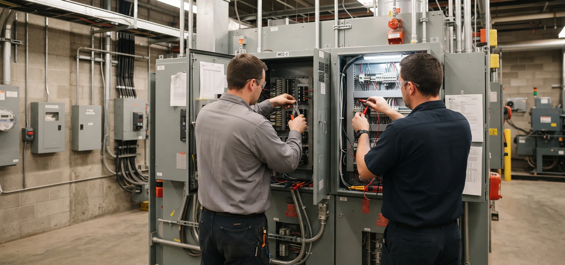 Crew working on a motor control centre in a Toronto manufacturing plant