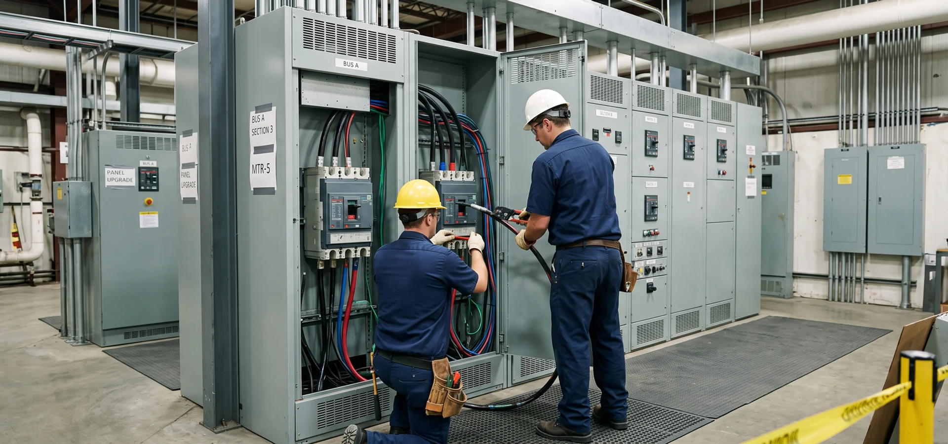 Crew working on industrial switchgear and a motor control centre in a Toronto plant
