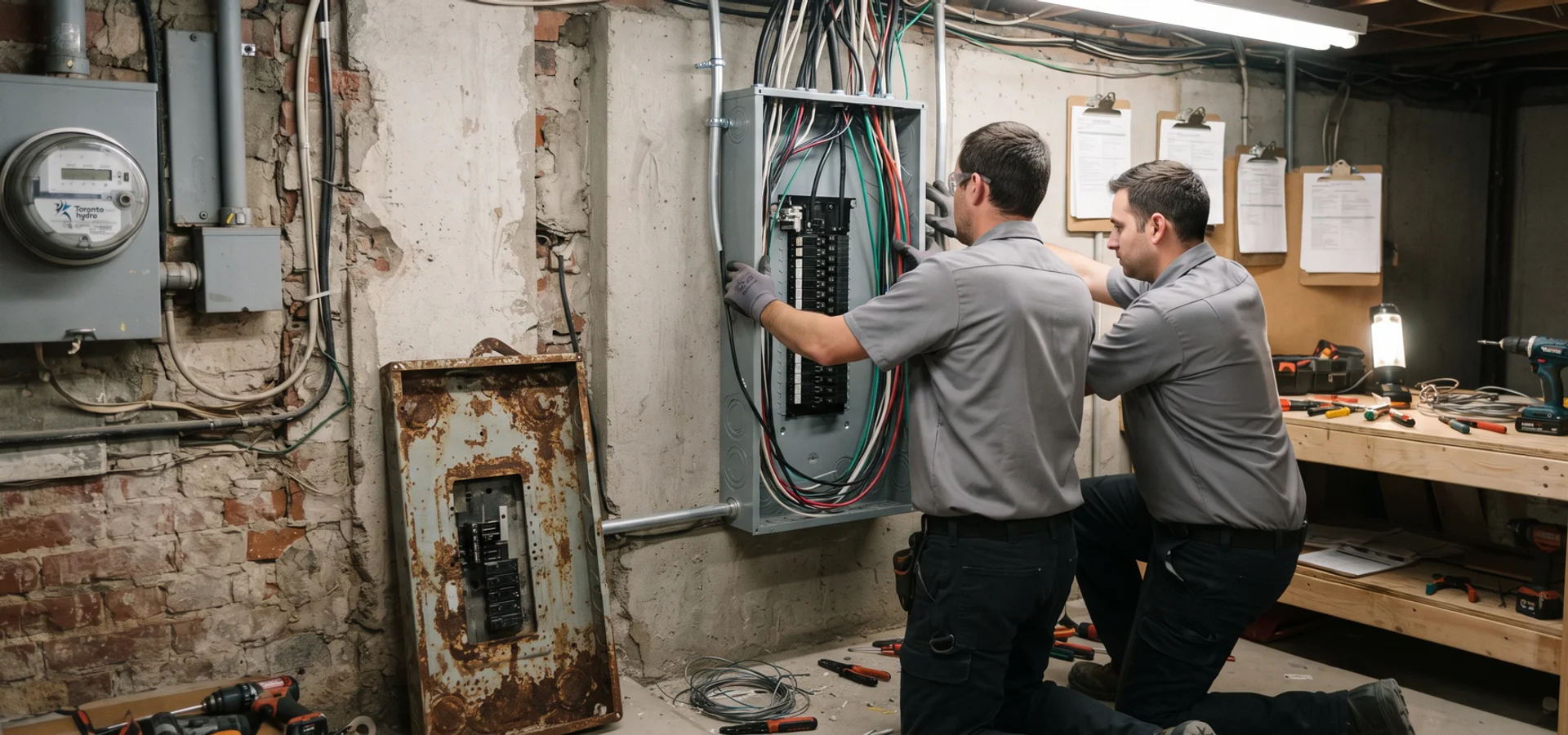 Crew mounting a replacement breaker panel with the old corroded enclosure set aside