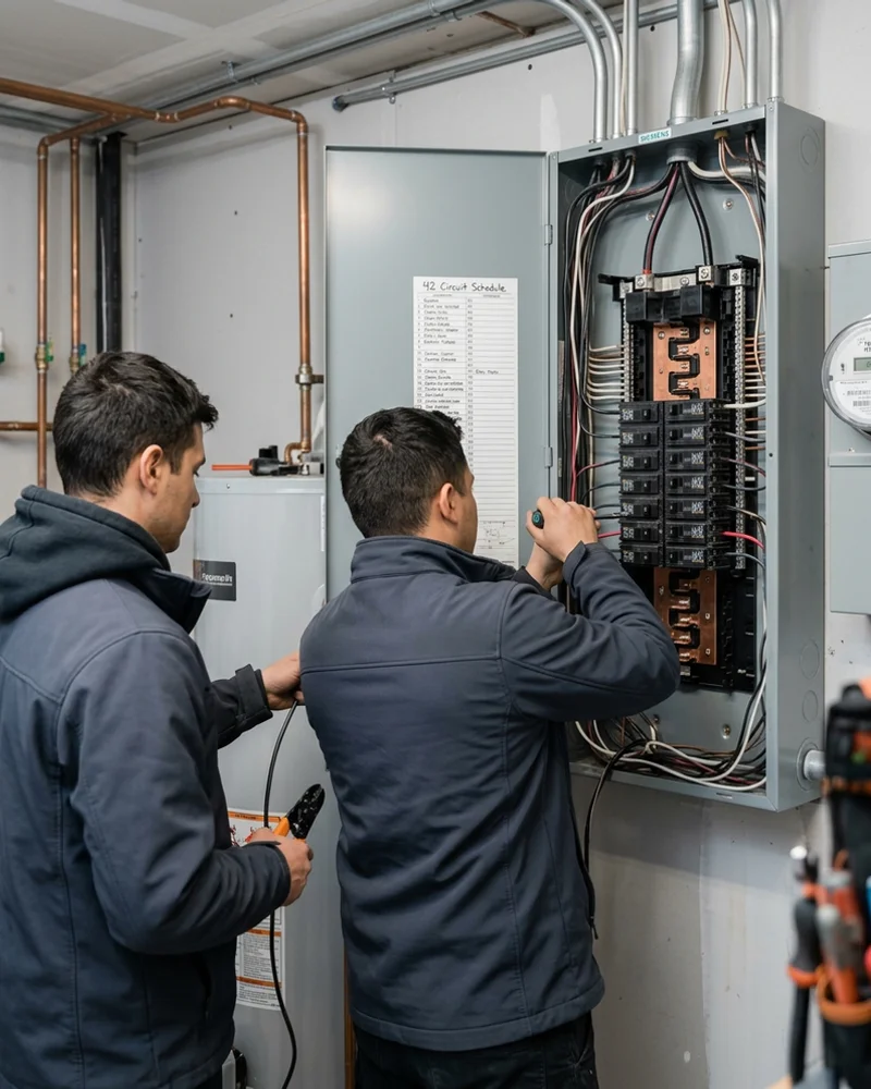 Open 200A load centre with a labelled 42-circuit panel schedule and copper bus bar