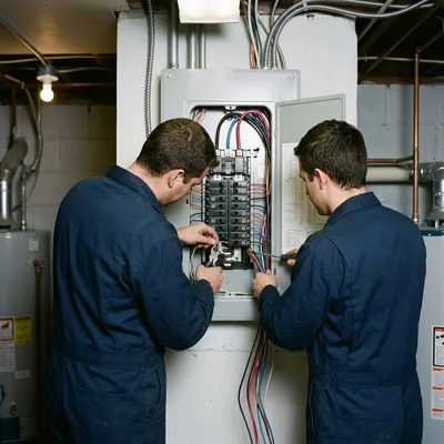 Two electricians in plain navy workwear terminating breakers inside an open 200A load centre